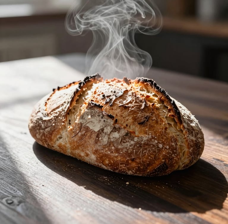 Tight macro shot of steam rising from a freshly sliced sourdough loaf on a dark wooden prep table, natural Scandinavian daylight, high-contrast shadows