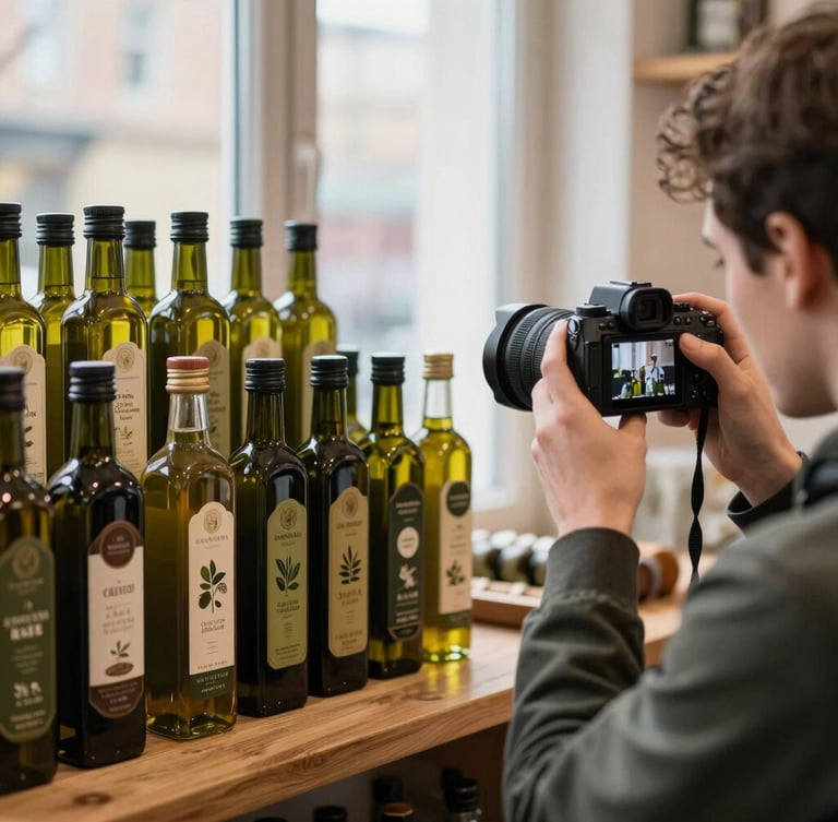 Overshoulder shot of a content creator photographing a stack of artisanal olive oil bottles on a wooden shelf, soft morning light filtering through a window, Scandinavian market interior.