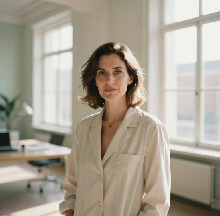 A high-end editorial portrait of Dr. Billina in a soft-focus architectural office space, warm daylight filtering through large windows, muted sage and cream tones, 35mm photography