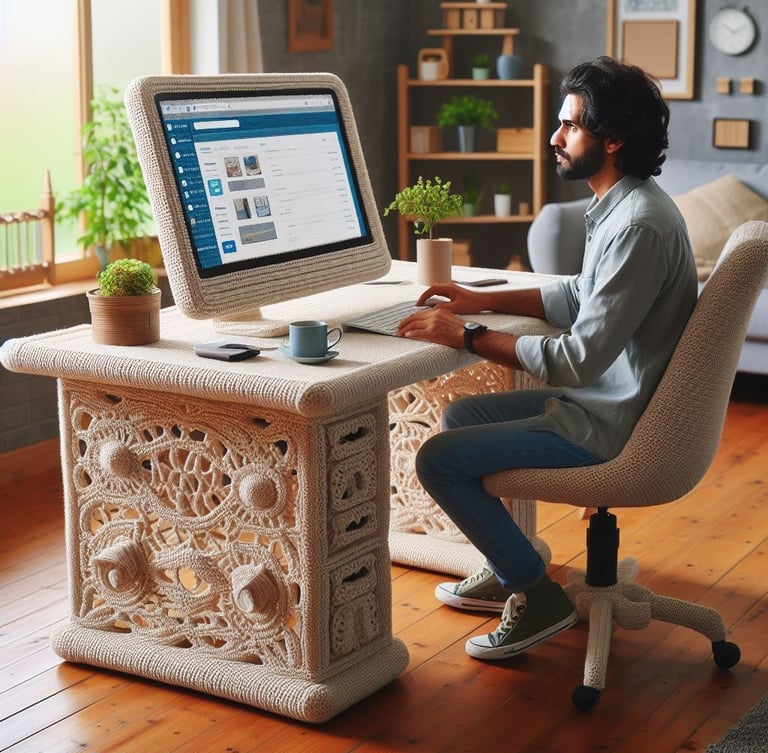 a man sitting at a desk with a laptop computer of crochet