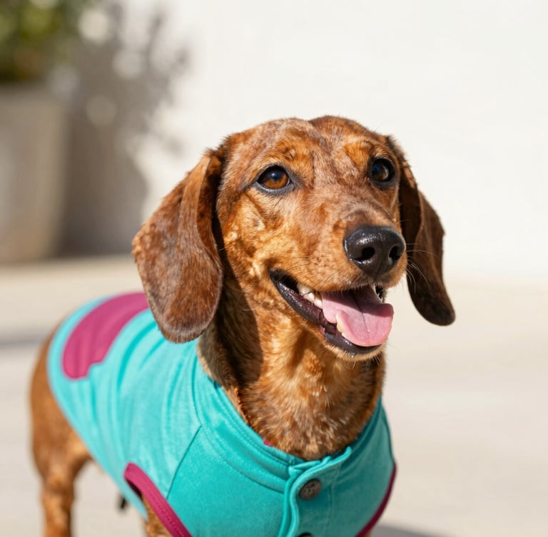 Bright joyful pet photography of a happy sausage dog wearing a colorful custom-tailored teal shirt, warm natural daylight, close-up focusing on perfect fit, 35mm