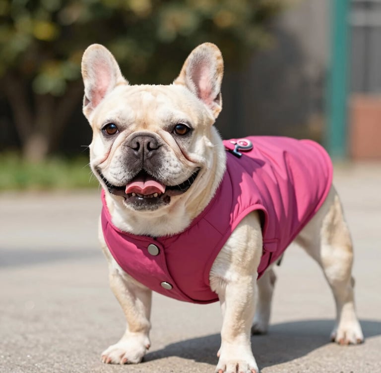 Eye-level medium shot of a happy French bulldog playing outdoors wearing a perfectly fitted berry pink vest, warm sunshine, shallow depth of field