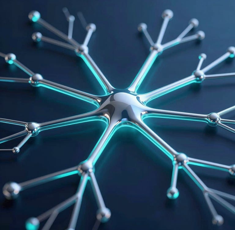 Macro 3D render of interconnected glowing neural pathways and silver data-flow nodes on a deep obsidian background, electric cyan edge highlights, octane render