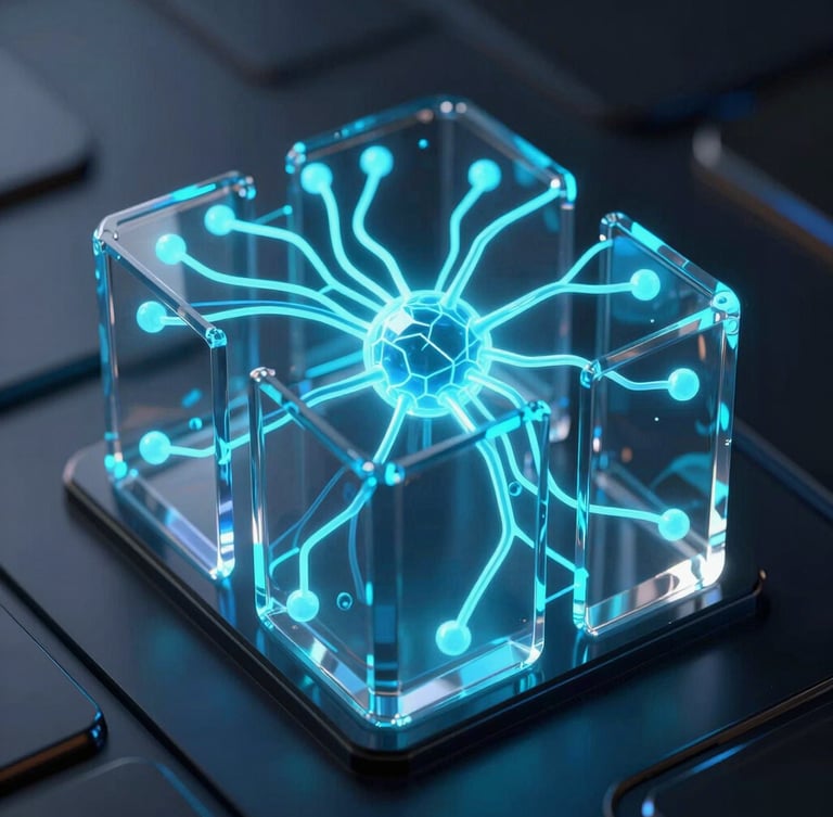 Macro close-up of a futuristic 3D digital structure, glowing electric cyan neural pathways weaving through translucent glassmorphic panels, dark luxury obsidian background, studio lighting, 8k