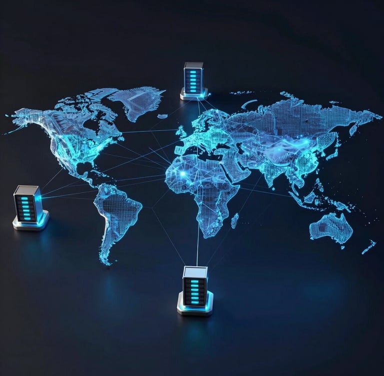 Orthographic technical diagram of a global server network, interconnected glowing nodes across a dark stylized map, electric cyan and silver edge highlights, futuristic 3D render, 8k