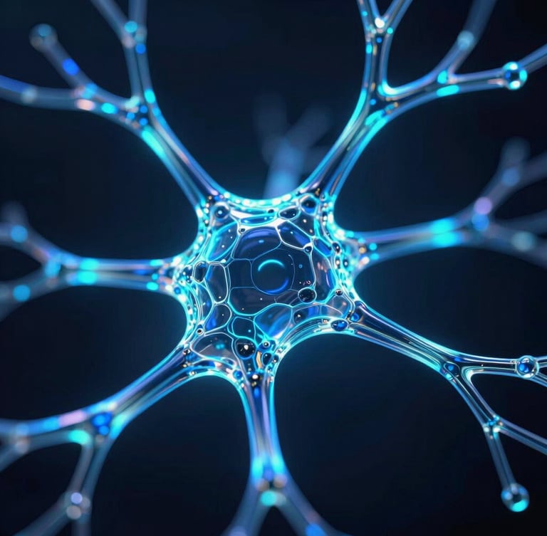 Macro close-up of glowing 3D neural pathways and interconnected glass nodes, electric cyan and deep blue neon edge highlights, dark obsidian background, octane render