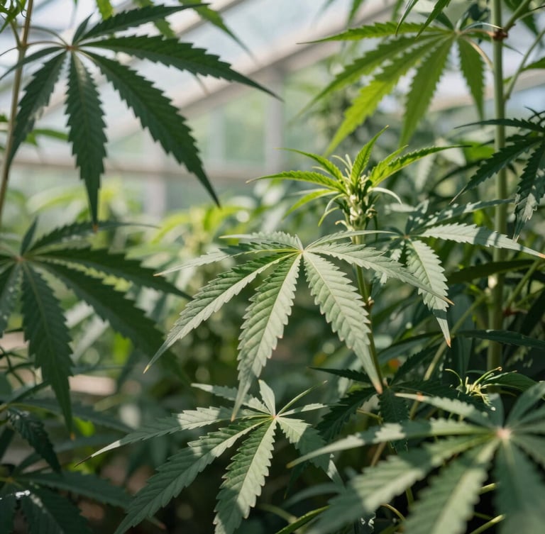 Sun-dappled greenhouse canopy with healthy green cannabis leaves reaching toward natural sunlight, soft outdoor shadows.