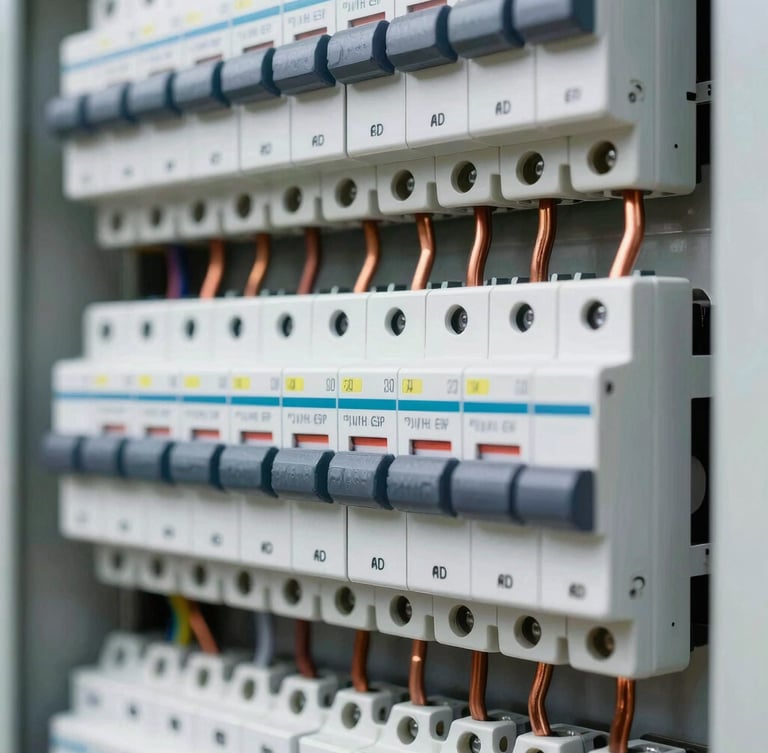 Macro detail shot of a modern, perfectly organized electrical breaker panel with clean copper wiring and labeled circuits, bright natural daylight, crisp focus