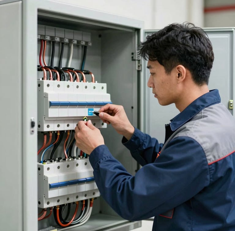 Crisp industrial photography of a professional electrician in clean branded gear neatly organizing copper wiring inside a modern breaker panel, bright natural daylight, sharp focus.