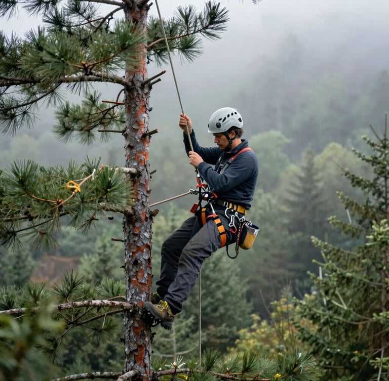 Professional arborist high in a pine tree canopy, wearing safety harness and helmet, adjusting climbing ropes, misty Black Forest background, diffuse daylight, technical focus.
