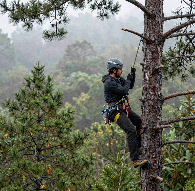 A professional tree climber high in a pine canopy, securing ropes and rigging equipment, misty forest background, sharp focus, 35mm