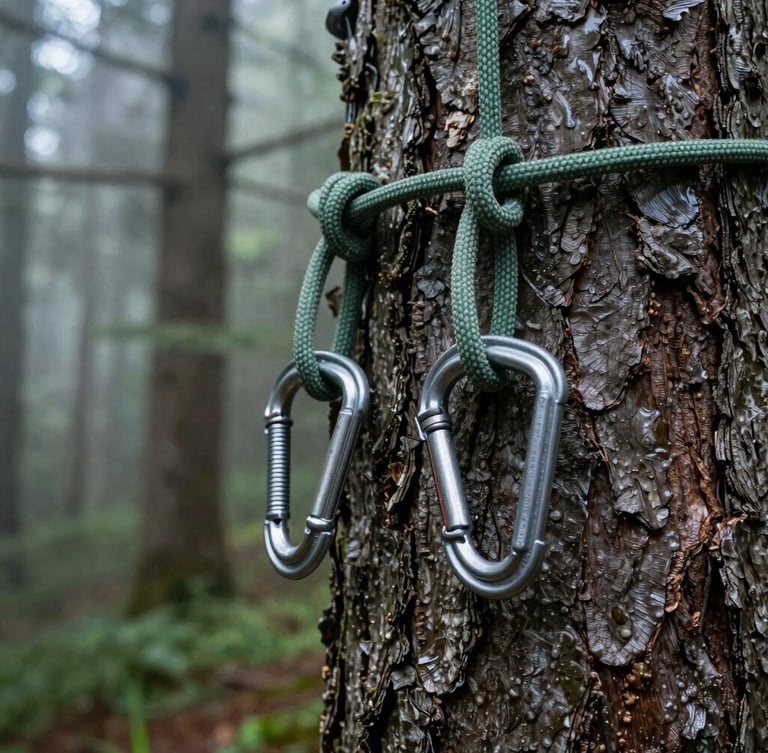 Close-up of professional climbing gear, heavy-duty carabiners and green ropes secured around a massive tree trunk, damp bark texture, 35mm