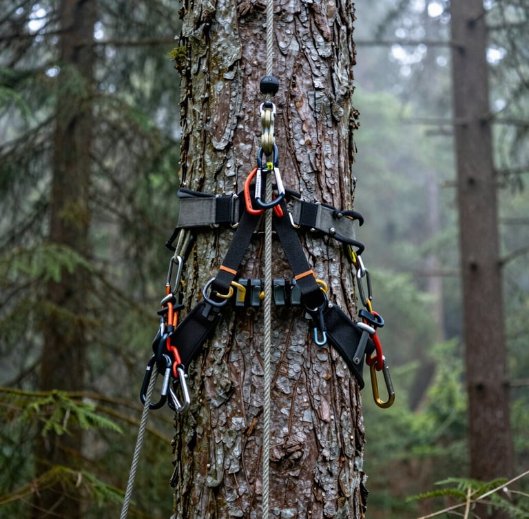 Professional arborist climbing harness, carabiners, and heavy-duty rigging ropes on a massive tree trunk, misty forest background, sharp focus, 35mm