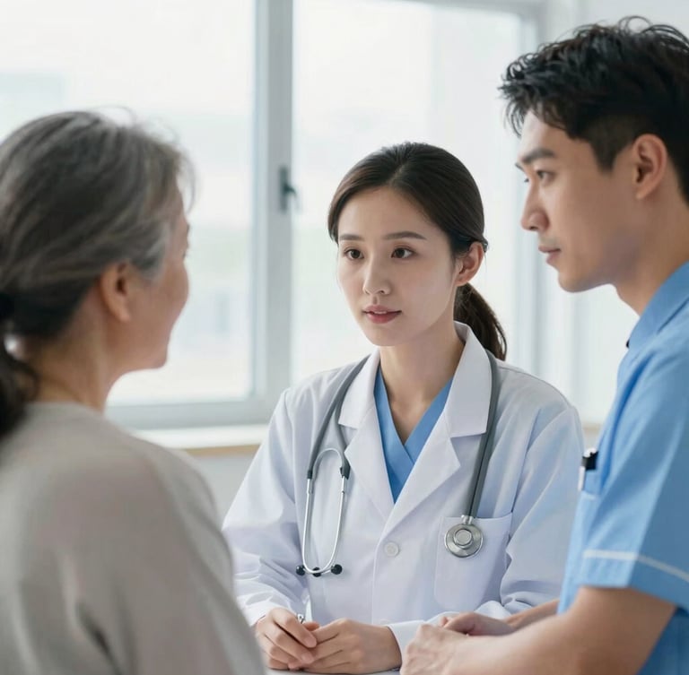 Medium close-up of a female doctor and a male nurse consulting with an elderly female patient in a bright, modern hospital room, soft natural window light, clean blue and white tones.