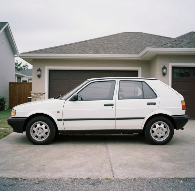 Side profile of a classic 1990s hatchback with minor front bumper damage, parked in a clean residential driveway, soft overcast daylight, documentary style, 35mm