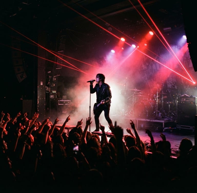 Dynamic low-angle shot of a live concert stage, electric crimson laser beams cutting through deep shadows, crowd silhouettes with raised hands, high contrast, 35mm lens.