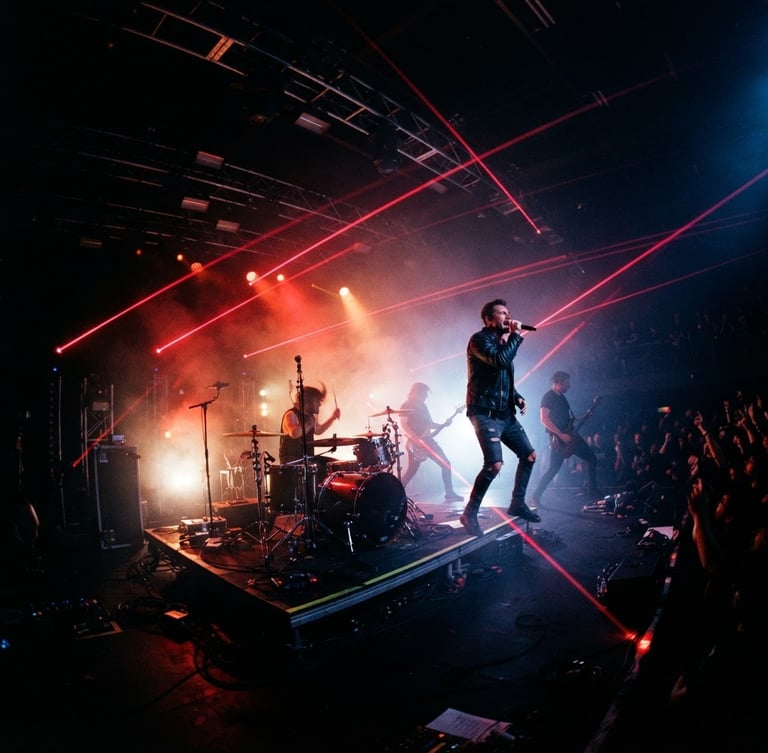 Dynamic low-angle wide shot of a live music concert stage, electric crimson laser beams cutting through deep shadows, hazy atmosphere, high contrast 35mm photography