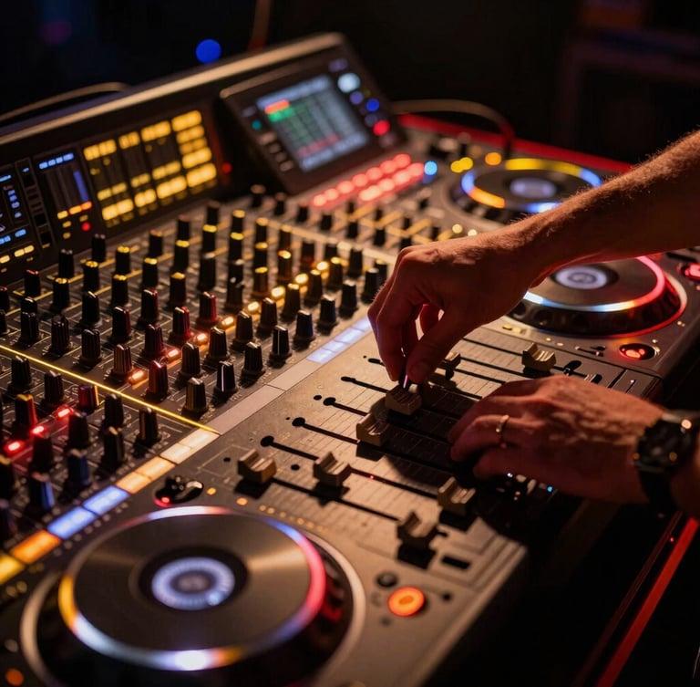 Close-up of professional audio mixing console and DJ decks, vibrant gold and crimson neon light trails, hands adjusting faders in high-contrast stage shadows