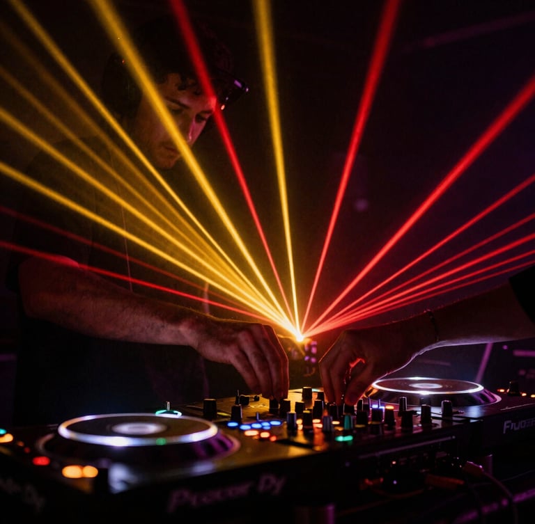 Tight action shot of a DJ deck with vibrant gold and red laser light trails, hands adjusting knobs mid-performance, deep shadows, high-contrast concert photography.