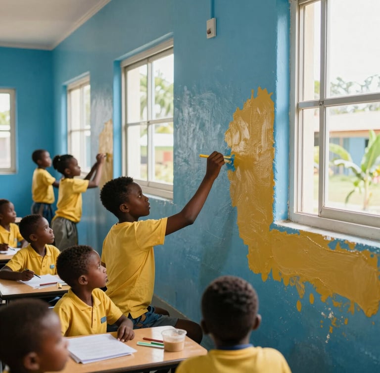 Candid medium shot of volunteers painting a vibrant primary school classroom wall in Jamaica, bright natural sunlight streaming through windows, hands-on action, 35mm editorial style.