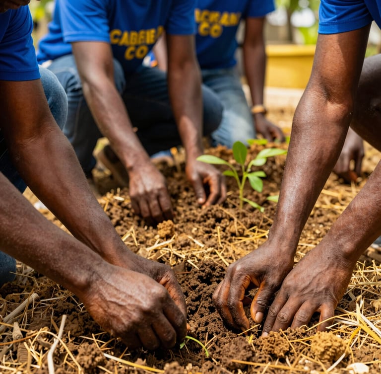 Hands of Jamaican volunteers planting a community garden in Oracabessa, rich soil, warm golden sunlight, close-up details, 35mm editorial.