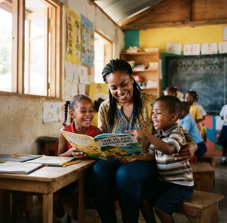 A candid medium shot of smiling Jamaican volunteers and children reading together under bright natural sunlight in a warm Oracabessa schoolroom, 35mm editorial photography.
