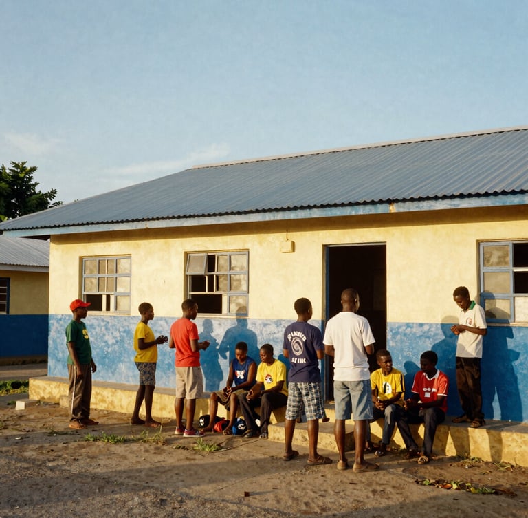 Wide environmental shot of Jamaican community members and Kiwanis volunteers collaborating outside a brightly painted schoolhouse in Oracabessa, warm golden hour sunlight.