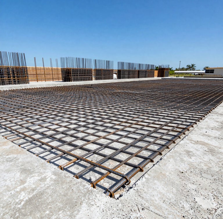 Low-angle heroic shot of a reinforced steel rebar grid before a monolithic concrete pour, bright midday Florida sun reflecting off clean metal, blue sky background