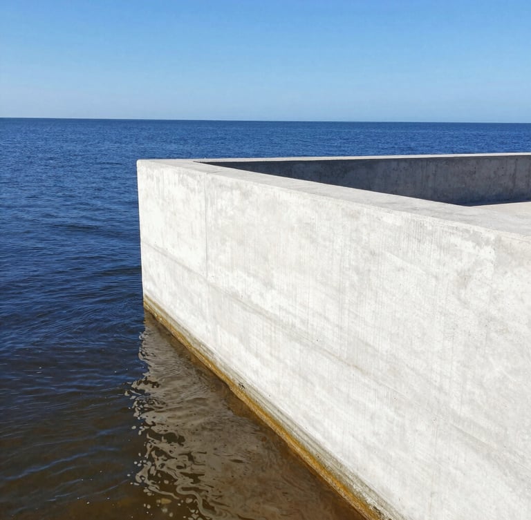 A finished monolithic concrete foundation wall on a Florida waterfront property, crisp white concrete contrasting with deep blue ocean water, bright midday daylight