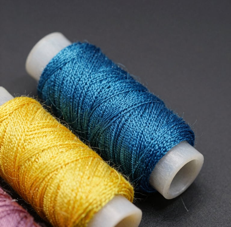 Macro close-up of vibrant embroidery threads on heavy industrial spools, minimalist dark background, sharp details.