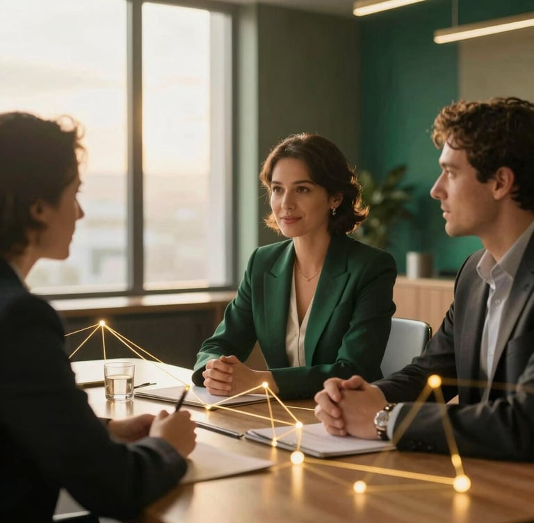 Confident professionals collaborating in an elegant, modern conference setting with glowing gold network lines subtly overlaid, warm editorial lighting, 35mm