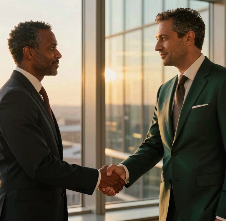 A medium close-up of two diverse executives in tailored attire shaking hands during an elegant global summit, warm golden hour light reflecting off polished glass, 35mm
