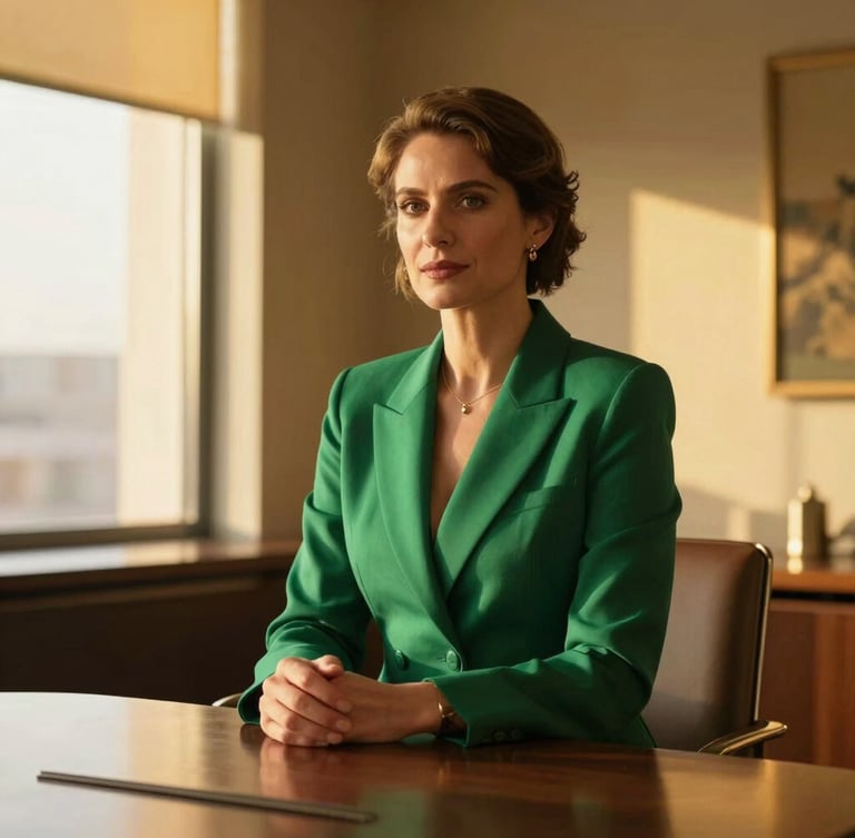Luxurious editorial photography of a confident professional in an elegant emerald-toned boardroom, warm golden-hour window light, shallow depth of field, 35mm