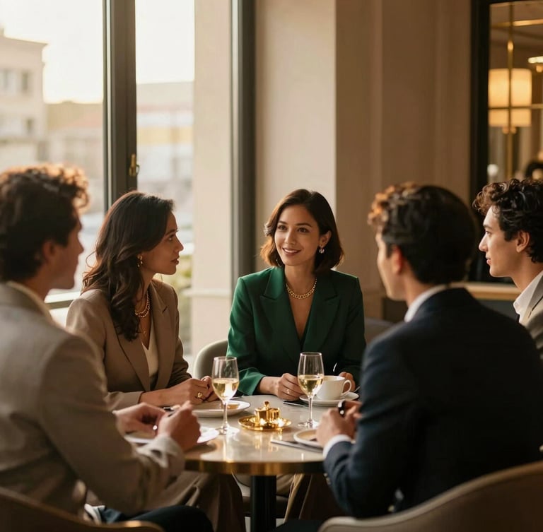 Luxurious editorial photography of diverse professionals engaging in high-end networking, warm golden-hour window light, shallow depth of field, 35mm