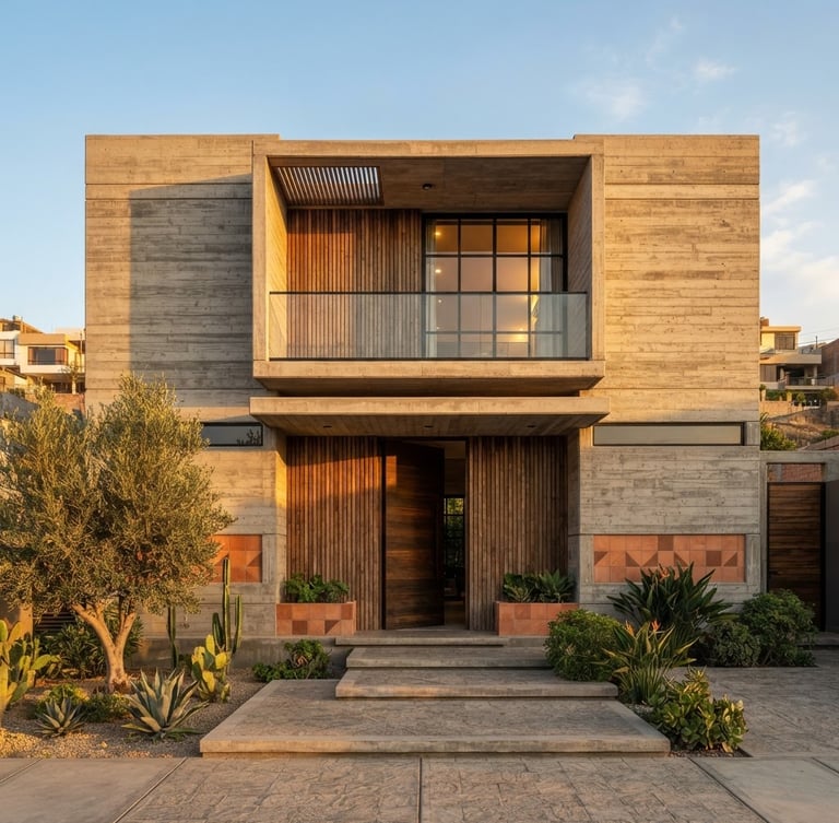 Straight-on architectural photography of a modern concrete house facade in Tacna, bright golden-hour sunlight casting warm shadows, clean lines and terracotta accents, 35mm lens