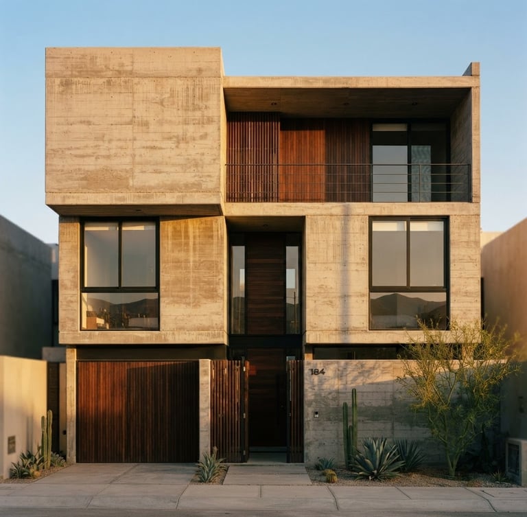Straight-on architectural photography of a modern concrete residential facade in Tacna, warm golden-hour sunlight casting long shadows, clean lines, minimalist concrete and wood textures, 35mm lens