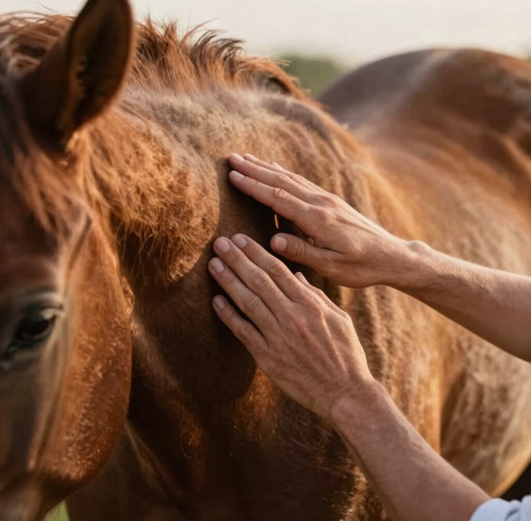 Close-up of a handler's hands gently grooming the muscular shoulder of an Andalusian PRE horse, warm morning light, shallow depth of field, 35mm editorial.