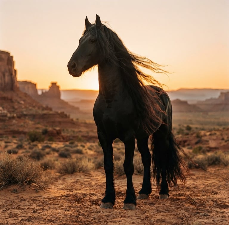 A low-angle majestic portrait of a black Friesian stallion with a flowing mane standing in the Utah desert during golden hour, warm natural light, 35mm editorial photography.