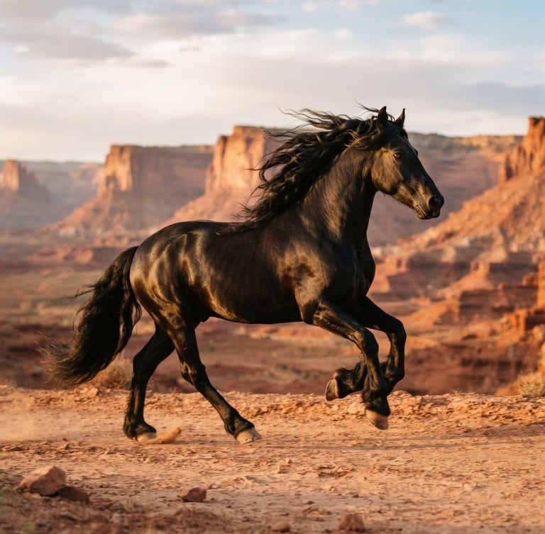 Majestic Friesian stallion in powerful low-angle trotting motion, wind blowing through its long wavy mane, warm golden hour sunlight casting dramatic shadows on the muscular definition, Utah desert red rock landscape in the background, editorial 35mm photography.