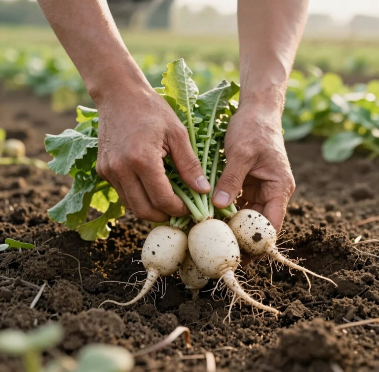 Hands gently pulling fresh radishes from dark, rich soil, dirt clinging to the roots, soft morning light filtering through the field.