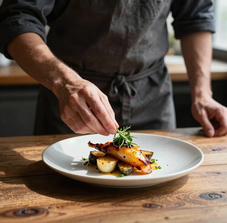 A vertical portrait of a chef in a dark linen apron carefully placing a delicate herb garnish onto a roasted root vegetable dish, soft natural window light casting deep shadows, rustic wooden table.