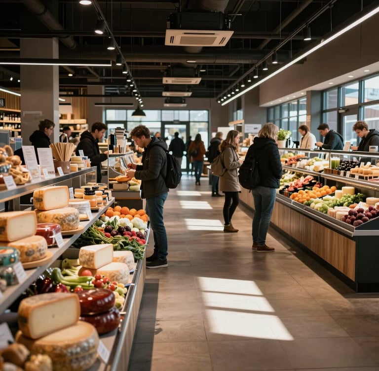A bustling modern food hall with soft Scandinavian light casting long shadows across artisanal cheese counters and fresh produce displays.