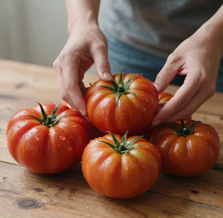 Close-up of hands arranging fresh, vibrant heirloom tomatoes on a rustic wooden table in soft, diffused Scandinavian daylight.