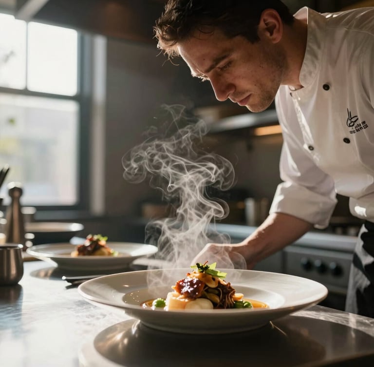 A close-up, dramatic side profile of a chef behind the pass in a dimly lit restaurant kitchen. Soft steam rises from a plated dish in the foreground, illuminated by warm, natural window light with high-contrast shadows.