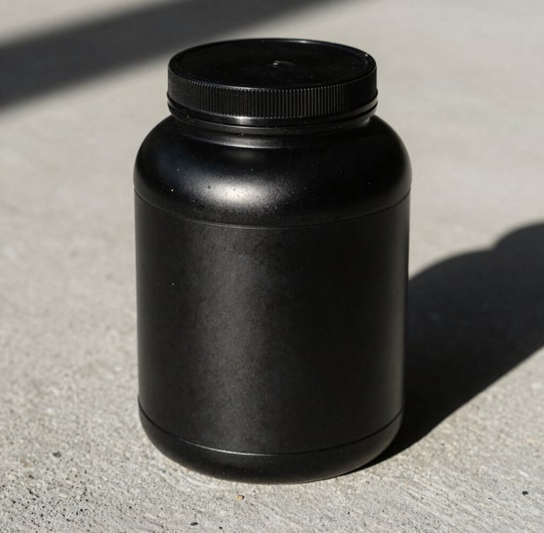 High-contrast close-up of a black matte supplement tub on a raw concrete surface, sharp side lighting, dramatic shadows, athletic grit