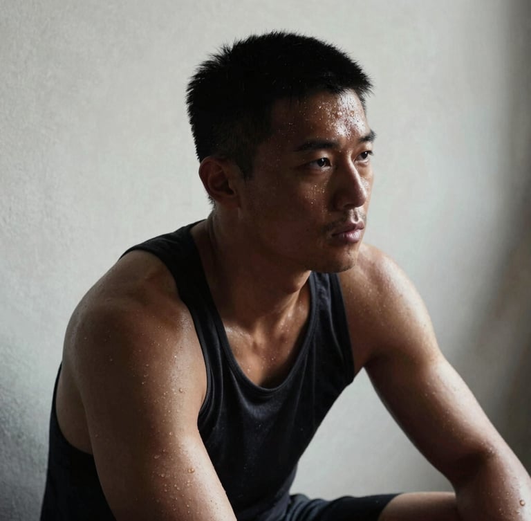High-contrast portrait of an athlete resting between sets, sweat on brow, dramatic side lighting, deep shadows, raw gym texture