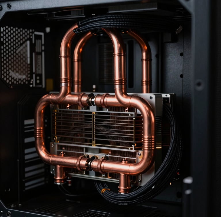 Macro shot of copper heat pipes and neatly routed black braided cables inside a dark, high-performance PC workstation, low-key studio lighting with dramatic rim lights, high-contrast dark tones with amber accents, sharp macro lens.