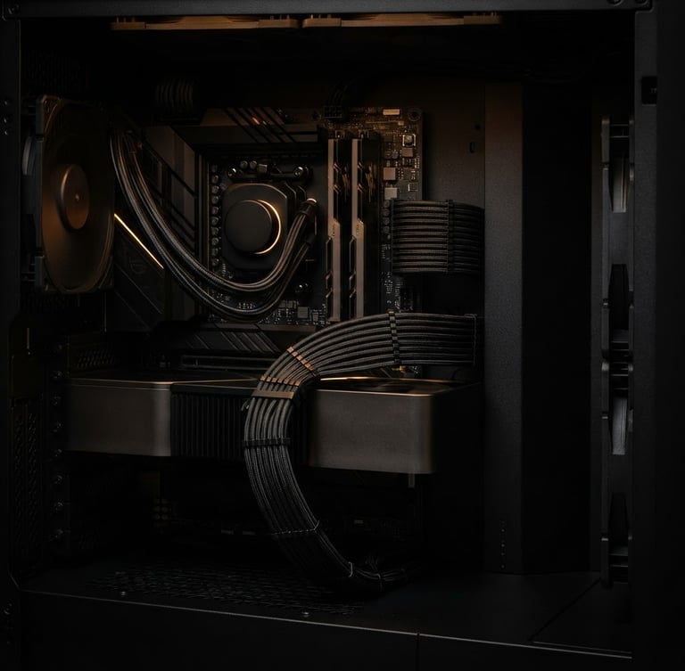 Sharp macro shot of clean, dark cable management inside a high-performance PC case, dramatic rim lighting, amber accents, straight-on architectural angle, moody technical photography.