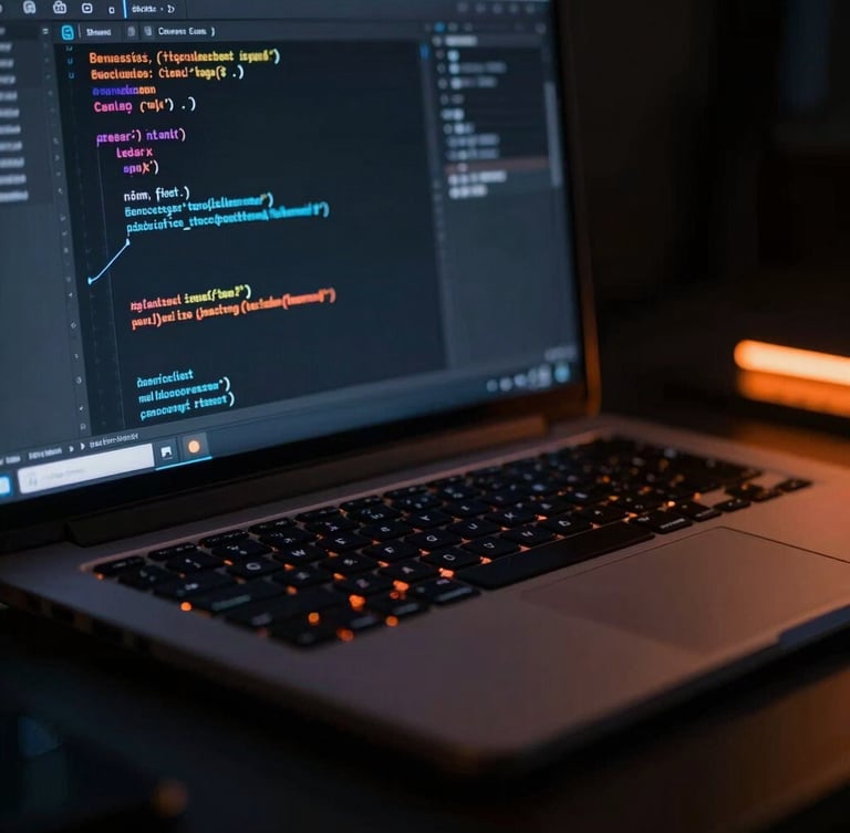 Macro shot of a high-end developer workspace, code editor open on a dark screen, glowing orange accent lights casting dramatic shadows, 35mm
