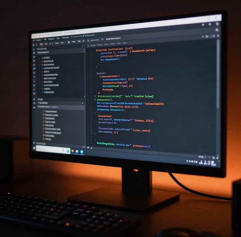 Macro shot of a high-end developer workspace, clean code editor on a 4K monitor with a subtle orange ambient glow, dark editorial technology photography, low-key lighting